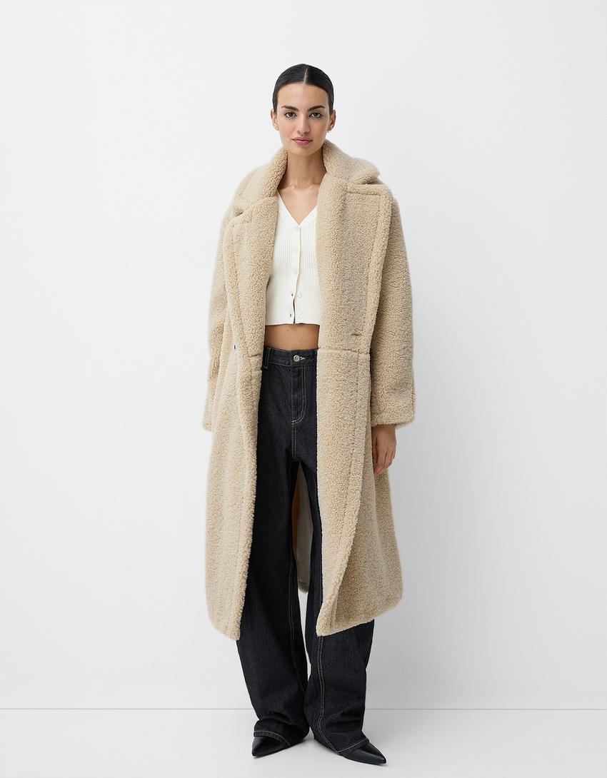 Damen Teddy-Mantel Lang Warm & Plüschig - IdealeKleiden