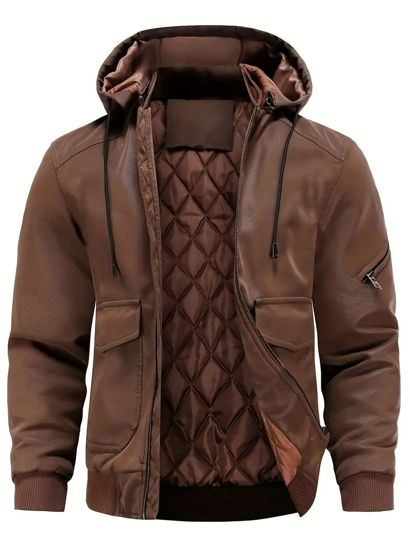 Herren Winterjacke Wasserdicht Winddicht PU-Leder Kapuze