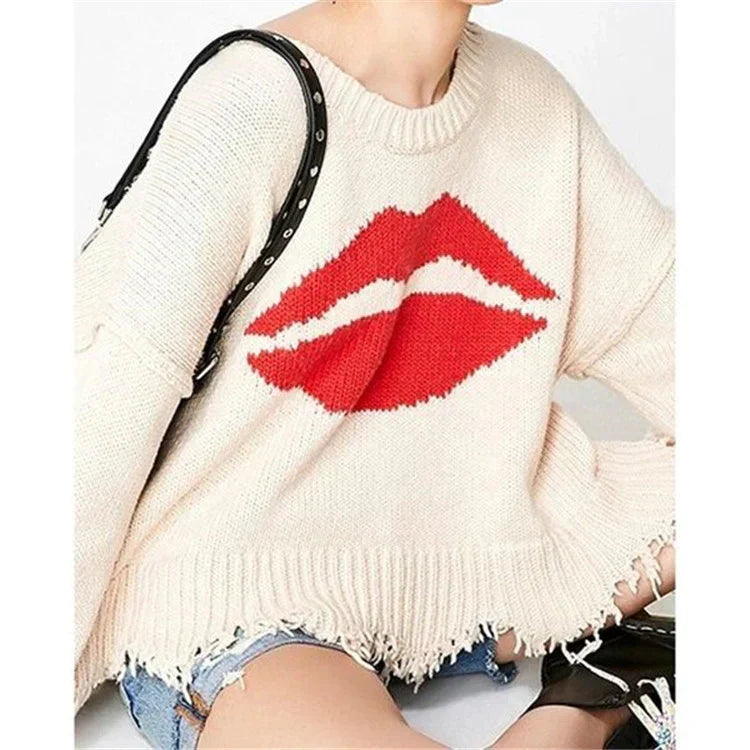Übergrößes Sweatshirt mit Lippen-Motiv und Fransen