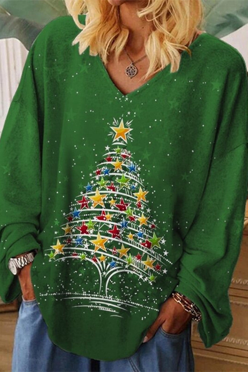 Weihnachtsbaum Print Top Lässig V-Ausschnitt Frauen