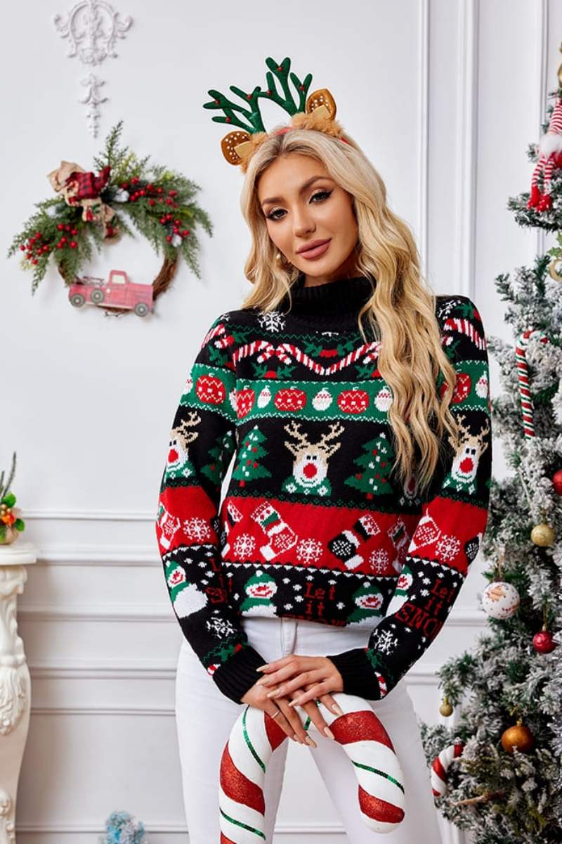 Weihnachtspullover Hochgeschlossen Schneemann Motiv - IdealeKleiden