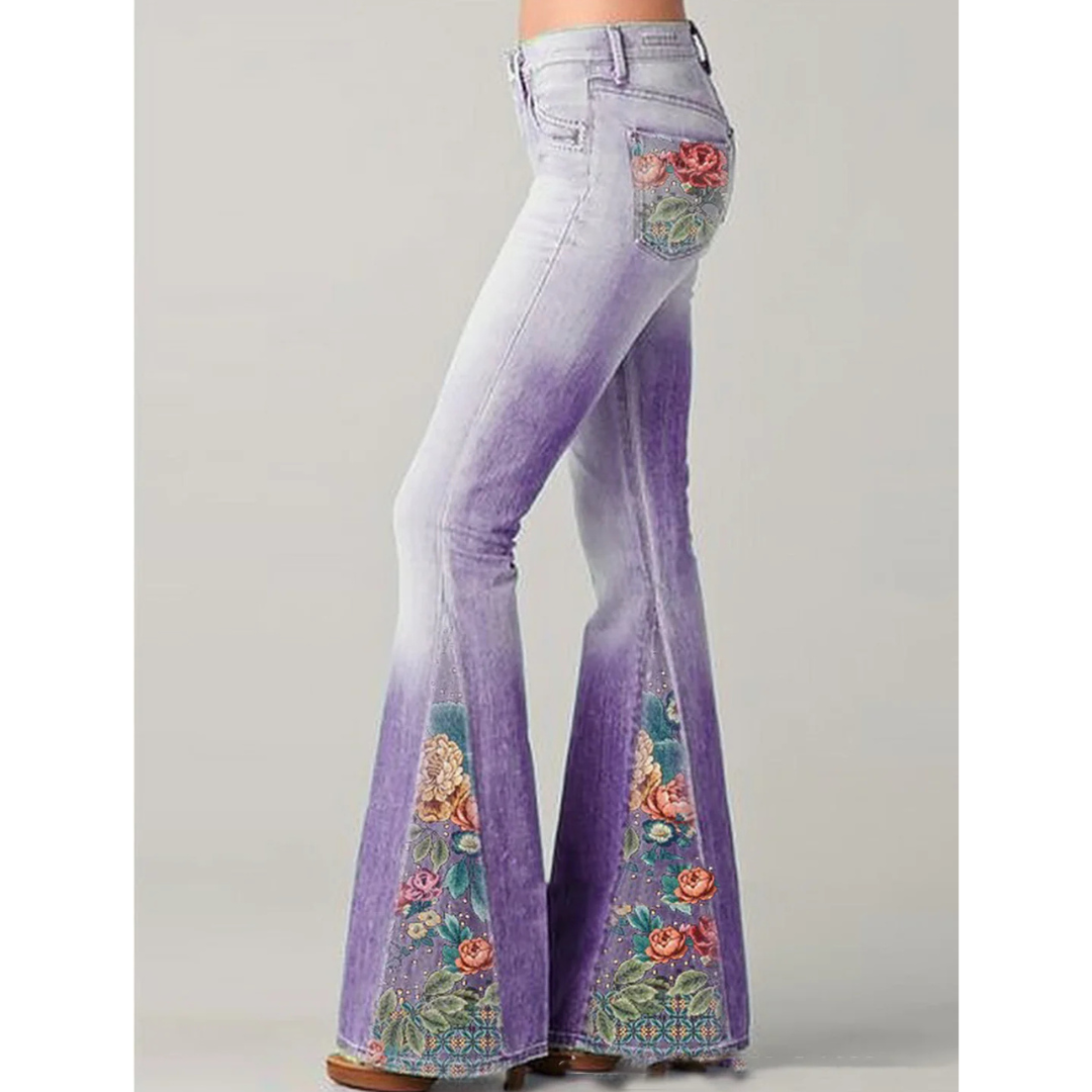 Damen-Jeans Blumenstickerei Weite Beinpartie