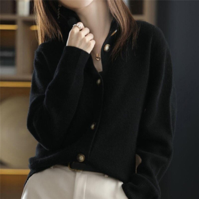 Strickjacke Wollmischung Lässig Rippbündchen Knöpfe