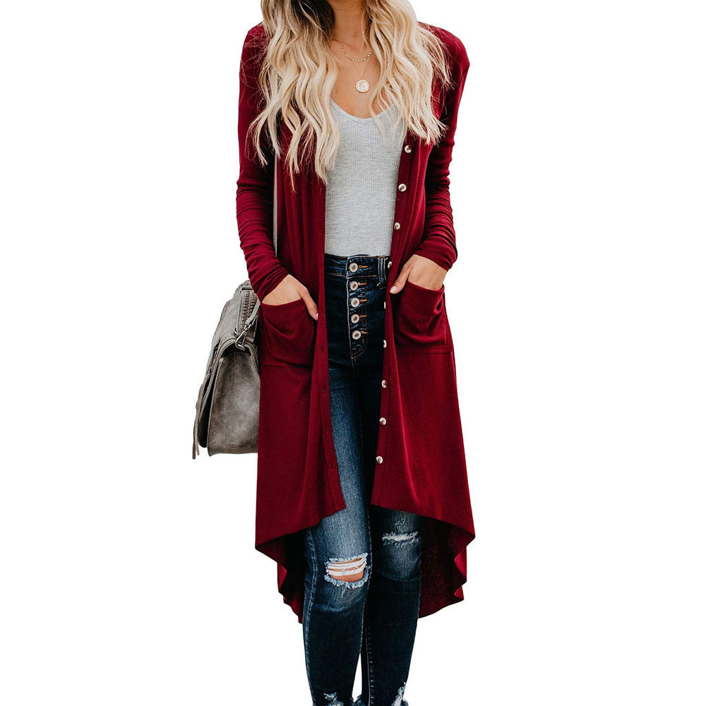 Damen Strickjacke Lang Elegant mit Taschen und Knöpfen