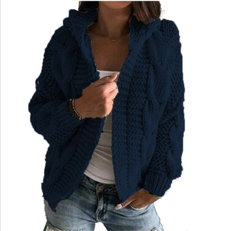 Damen Strickjacke Kapuze Zopf Muster Trendy