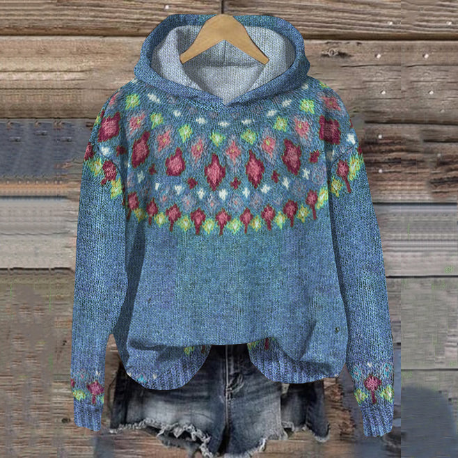 Damen Strickhoodie Winter Muster Soft