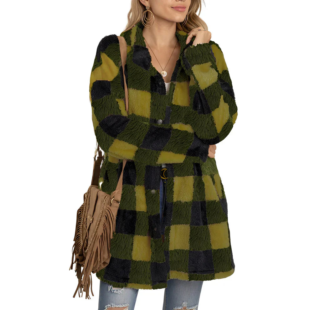 Stylische Damen Karo Jacke Lang