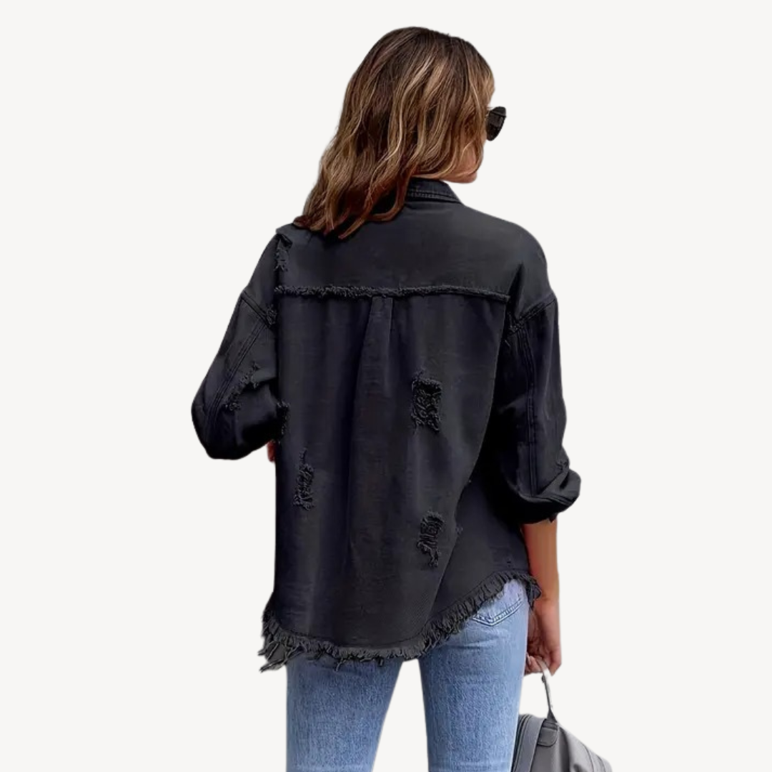 Trendige Denimjacke Schwarz Ripped Style - IdealeKleiden