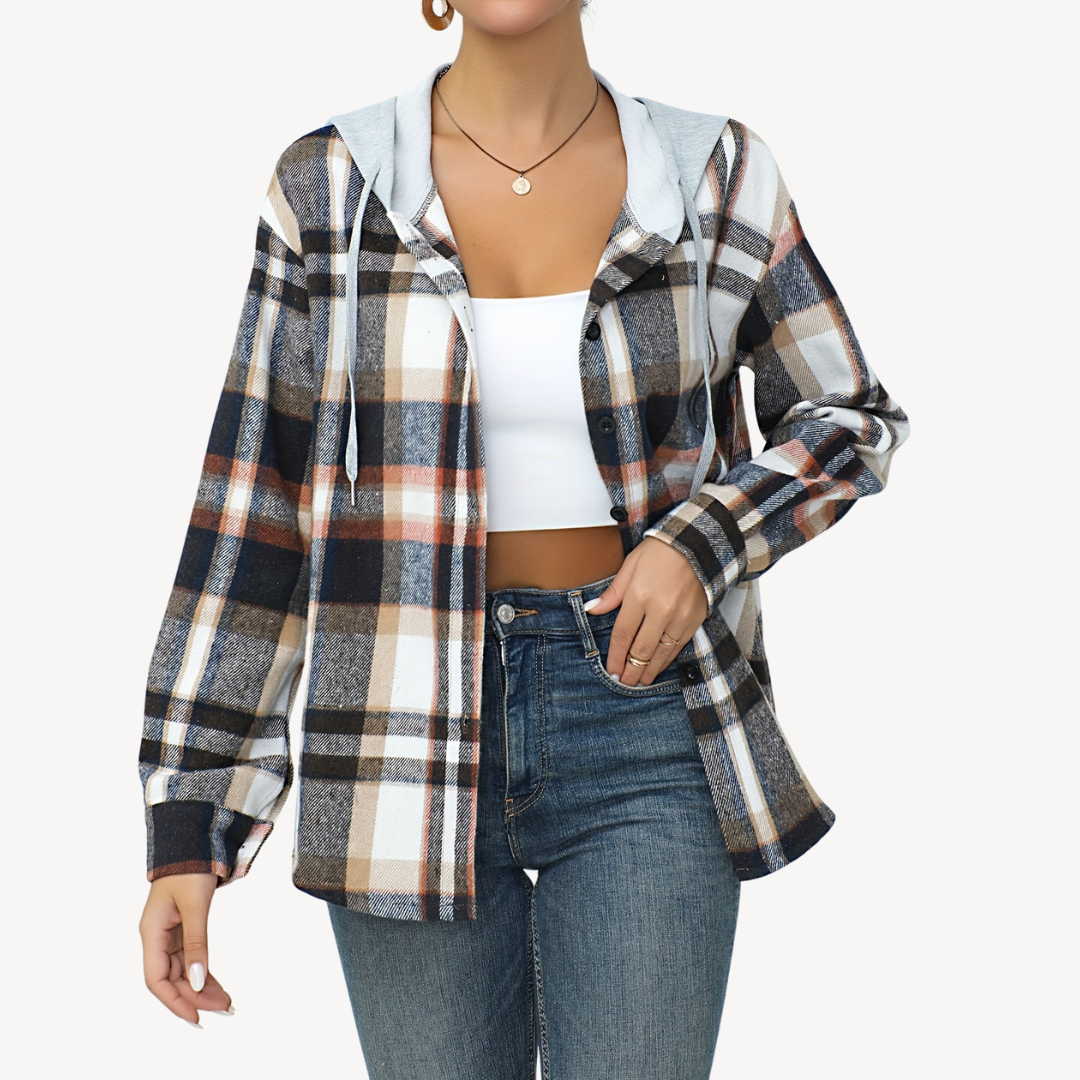 Damen Karo Blazer mit Kapuze und Knöpfen - IdealeKleiden