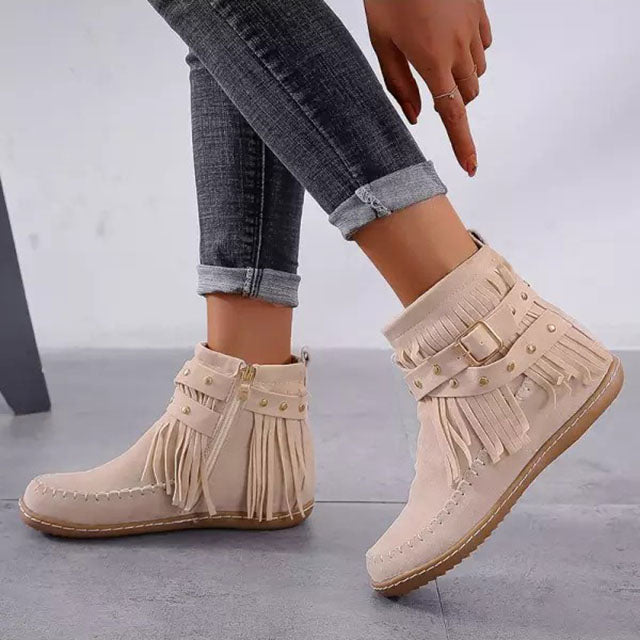 Stiefel Damen Flach Nieten Riemen Schnalle