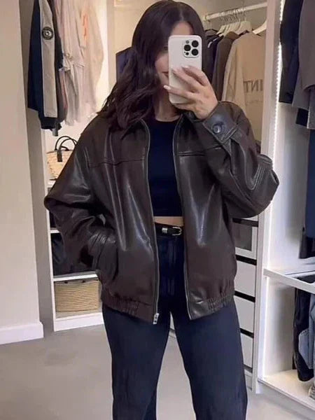 Modische Bomberjacke Kunstleder Schwarz