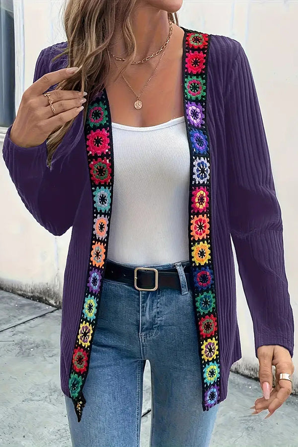 Boho Chic Strickjacke Blumenmuster Langärmlig