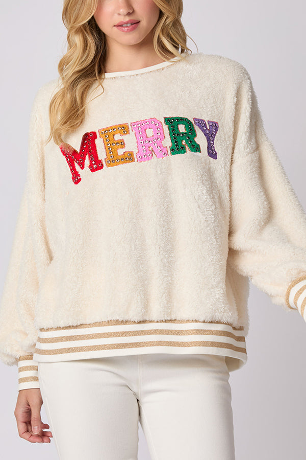Weihnachts-Sweatshirt Glitter Strass Langarm Rundhals