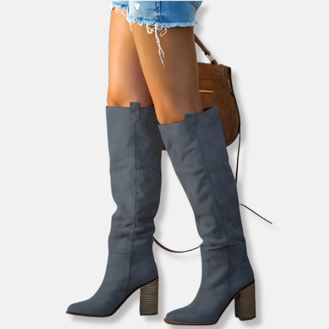 Stilvolle Stiefel Damen - Wildlederoptik - Chunky Absatz - Spitzes Zehenende