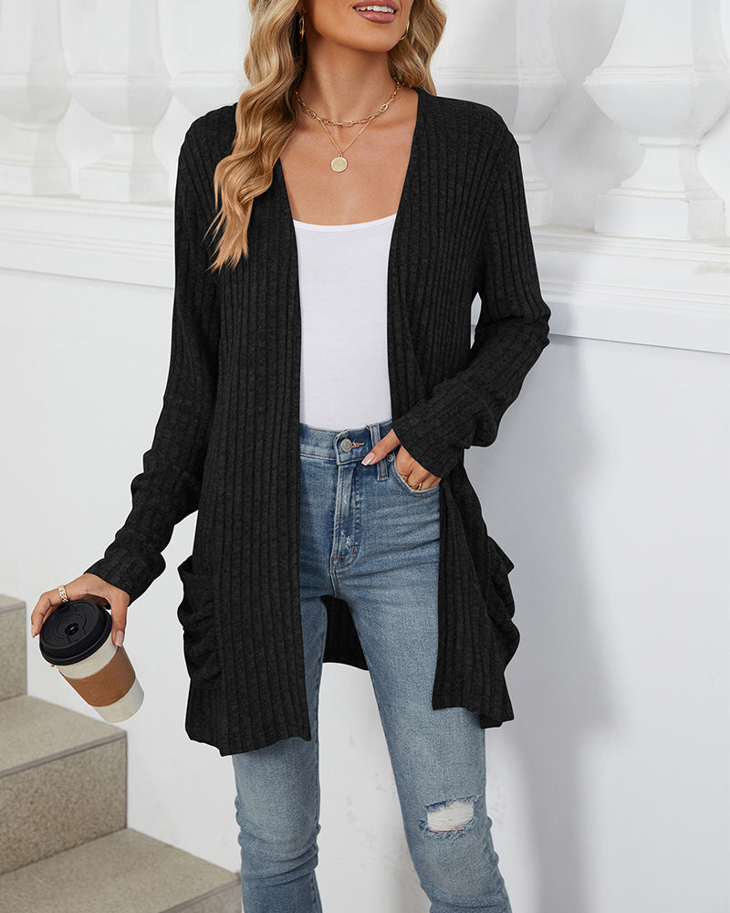 Stylischer Einfarbiger Cardigan Langärmlig Mit Tasche