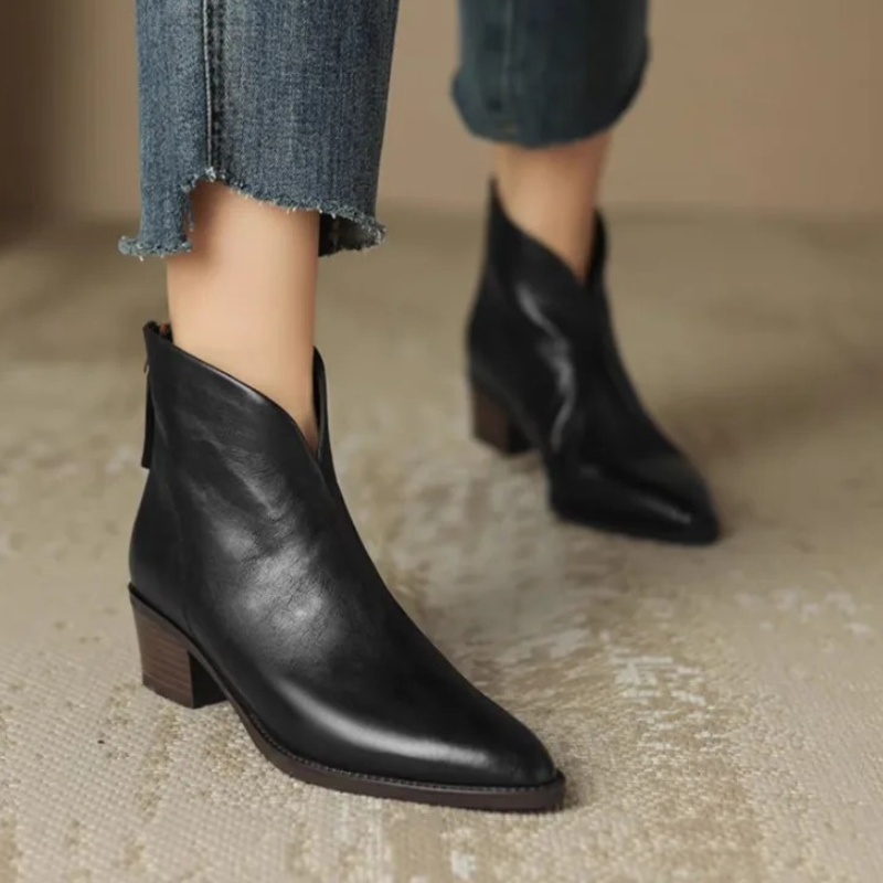 Elegante Leder-Stiefeletten Damen Spitze Blockabsatz
