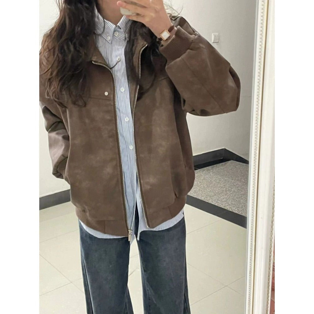 Ledermantel Damen Bomberjacke Elegant Reißverschluss - IdealeKleiden