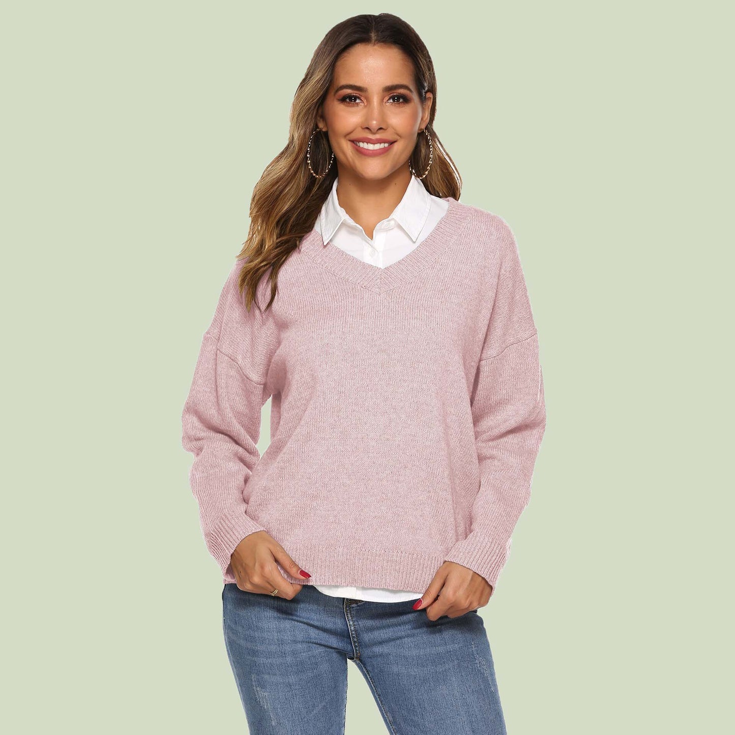 Strickpullover Damen V-Ausschnitt Bequem Langärmlig