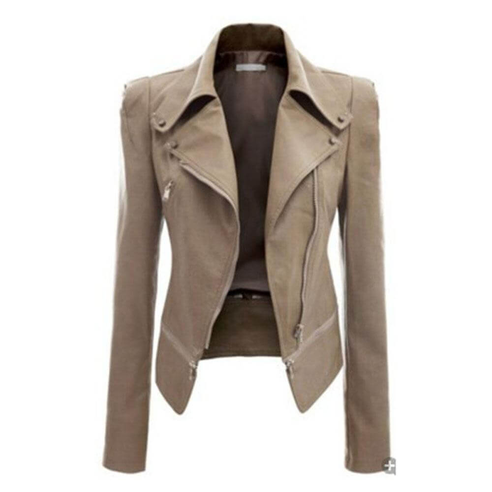 Damen Slimfit Lederjacke Schwarz Zip-Up