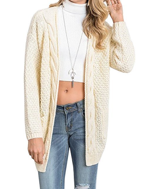 Damen Strickcardigan Gemütlich Zopfmuster mit Taschen