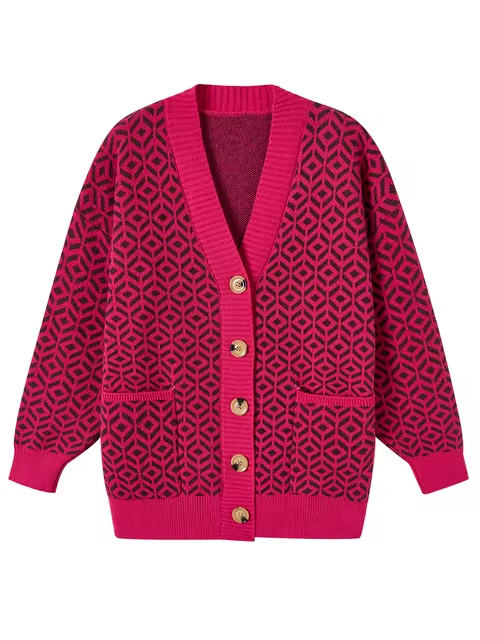 Stilvoller Strickcardigan Geometrisches Muster Knöpfe