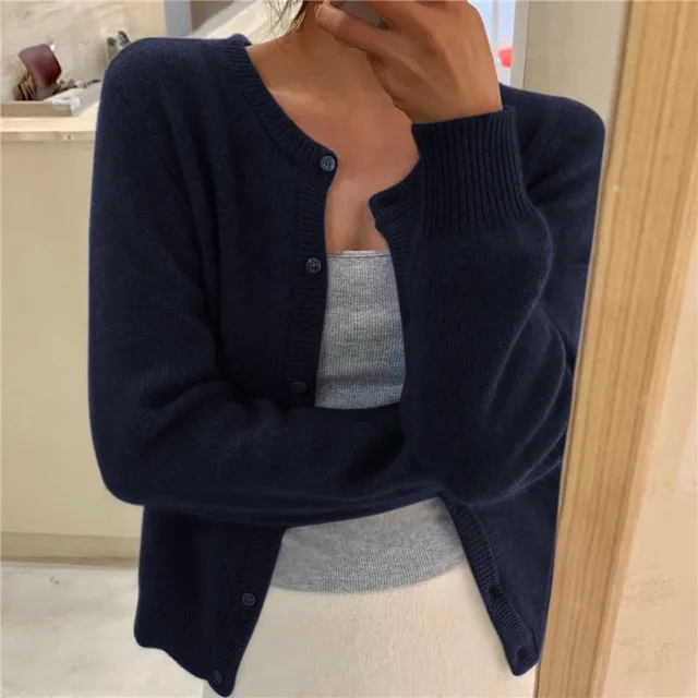 Damen Strickjacke Rundhals Elegant Langarm