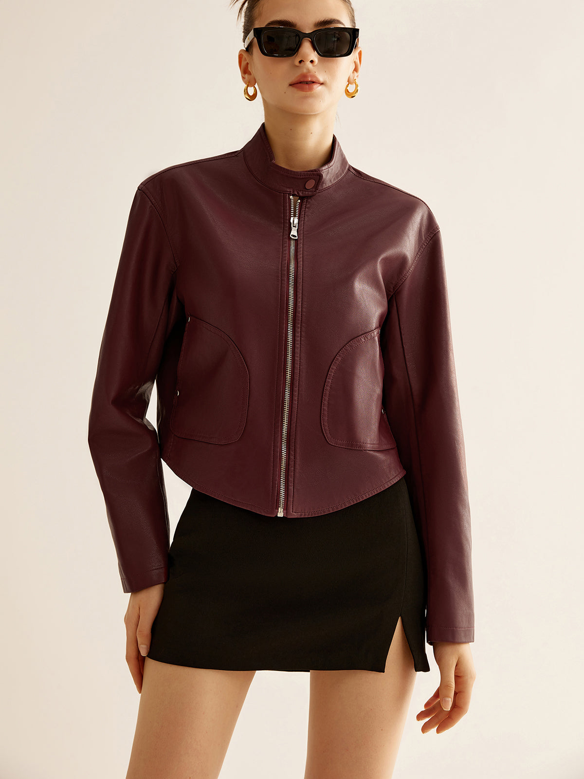 Modische Lederjacke Reißverschluss Design - IdealeKleiden