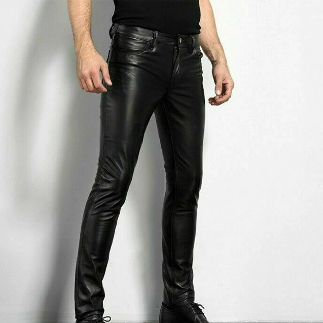 Slim Fit Lederhose mit 5 Taschen und Gürtelschlaufen - IdealeKleiden