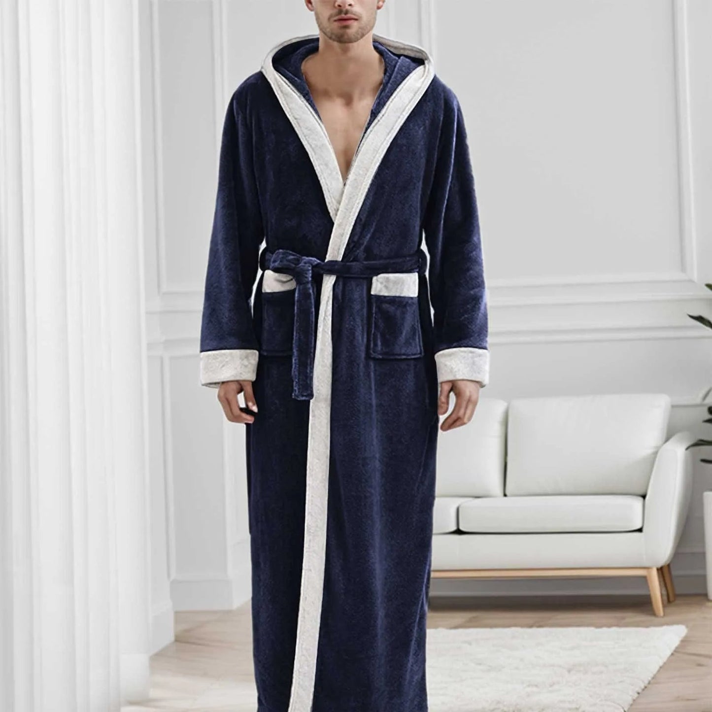 Langer Bademantel Herren Kapuze Winterwarm