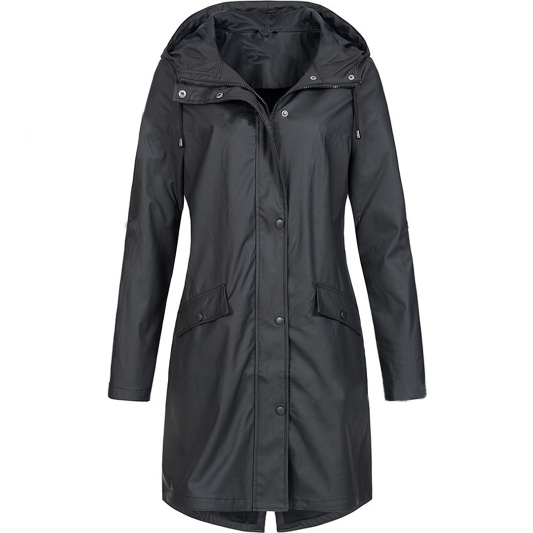 Wasserdichte Outdoorjacke Lang Schwarz Winddicht