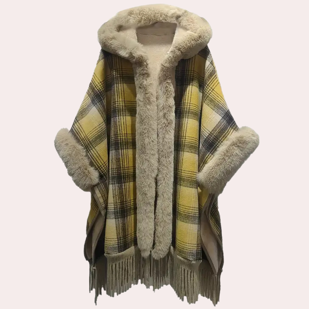 Luxus Poncho Damen Mantel mit Kapuze und Faux-Fur