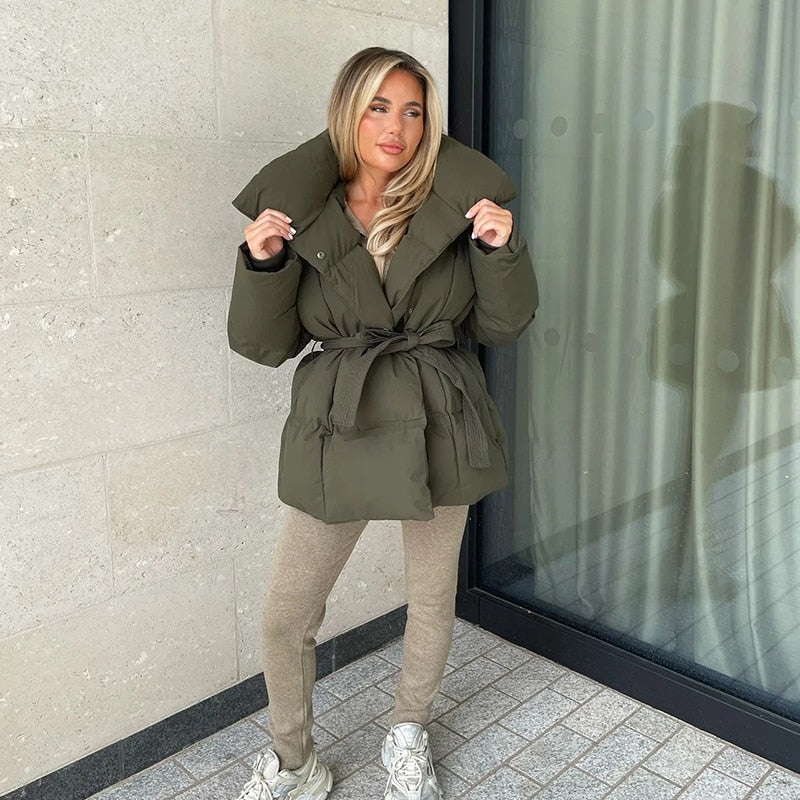 Damen Winterparka Dick Warm Mit Gürtel