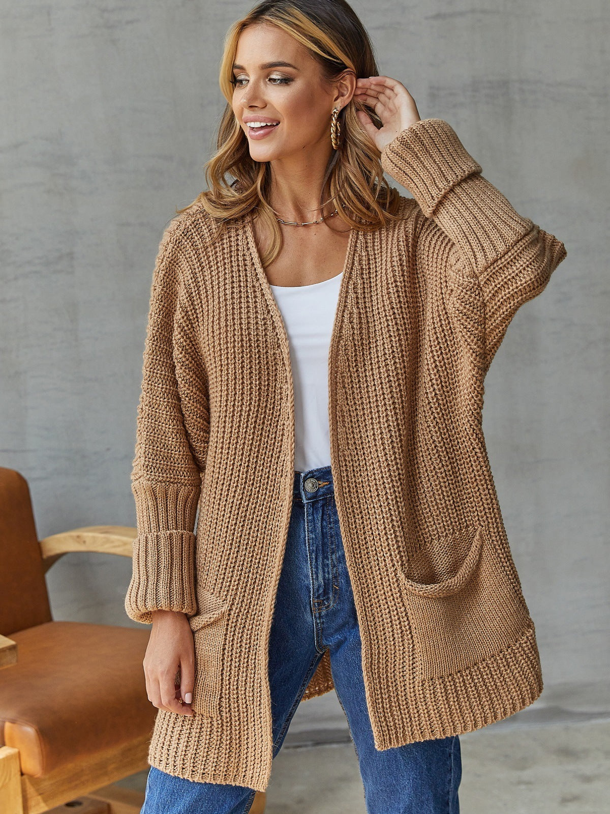 Damen Strickjacke Offen mit Taschen und Langen Ärmeln