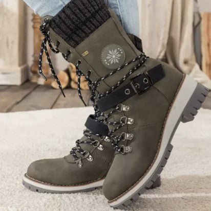 Knöchelhohe Strickstiefel Damen Schnürsenkel Reißverschluss