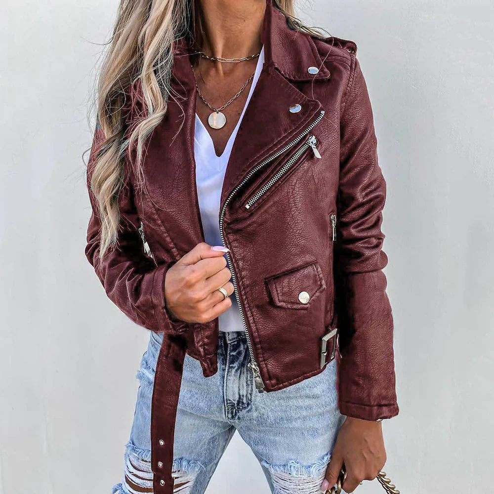 Damen Lederjacke Kurz Schnellverschluss