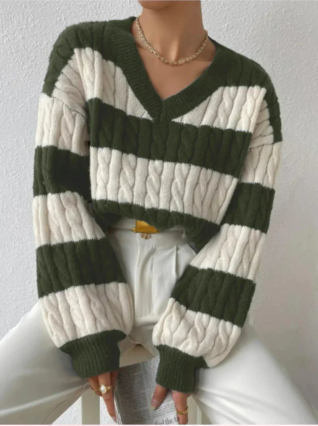 Stylischer Streifenpullover V-Ausschnitt Damen