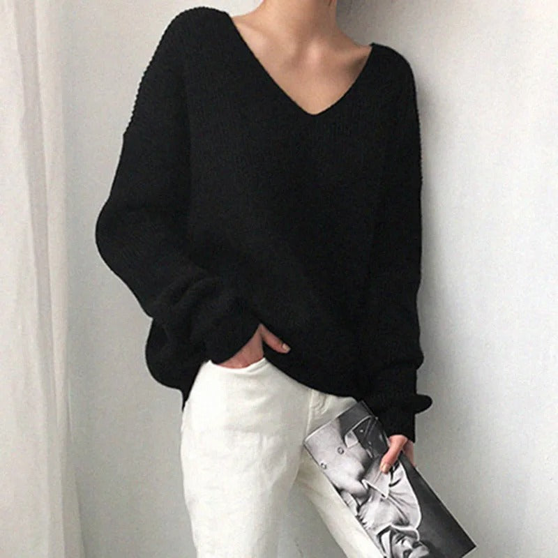 Damen Pullover Oversized V-Ausschnitt Herbstmode