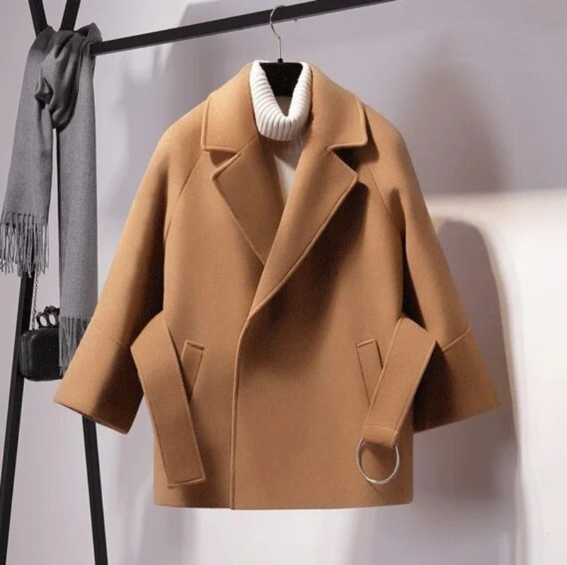 Damen Kurzparka Woll Winterjacke Breiter Gürtel