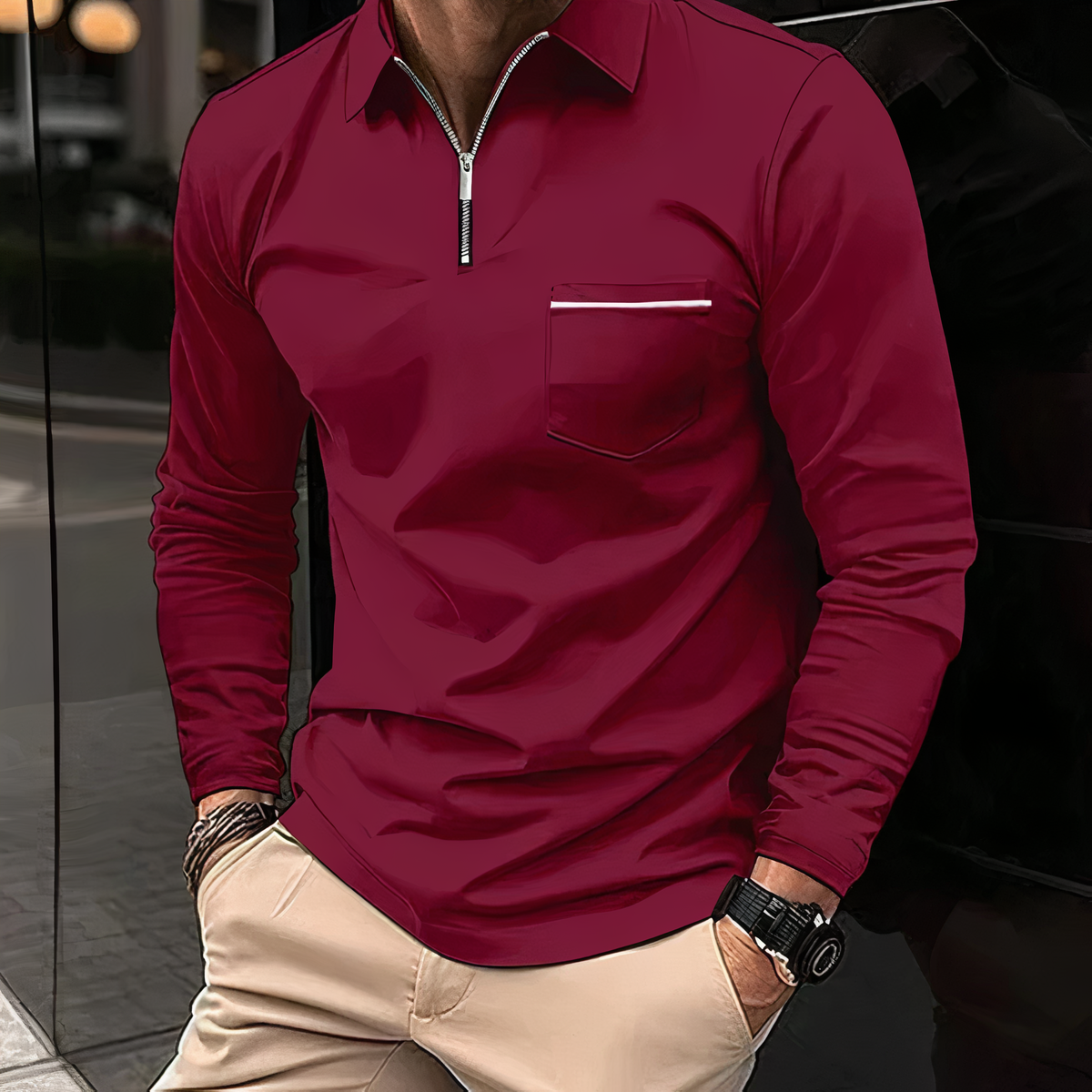 Männer Poloshirt Langarm Elegant V-Ausschnitt