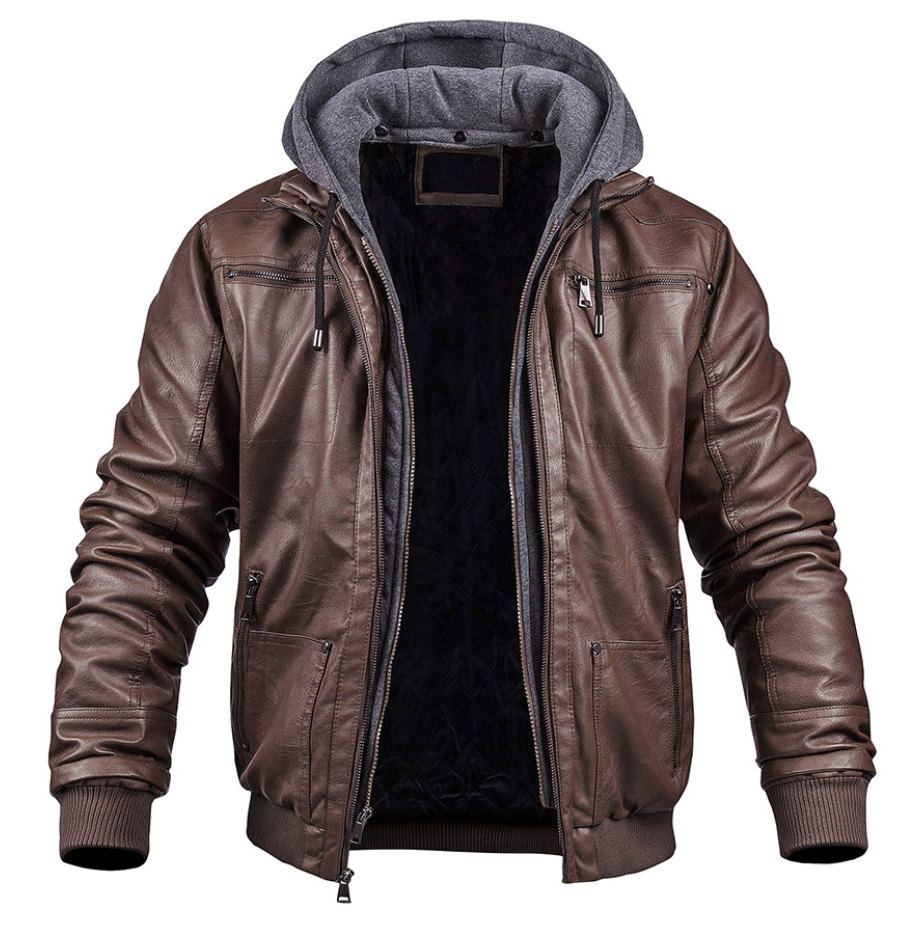 Herren Lederjacke Winter Kapuze Reißverschluss
