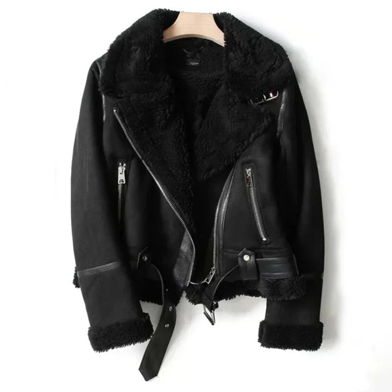 Damen Lederjacke Mit Gurt Und Reißverschluss Elegant Schwarz