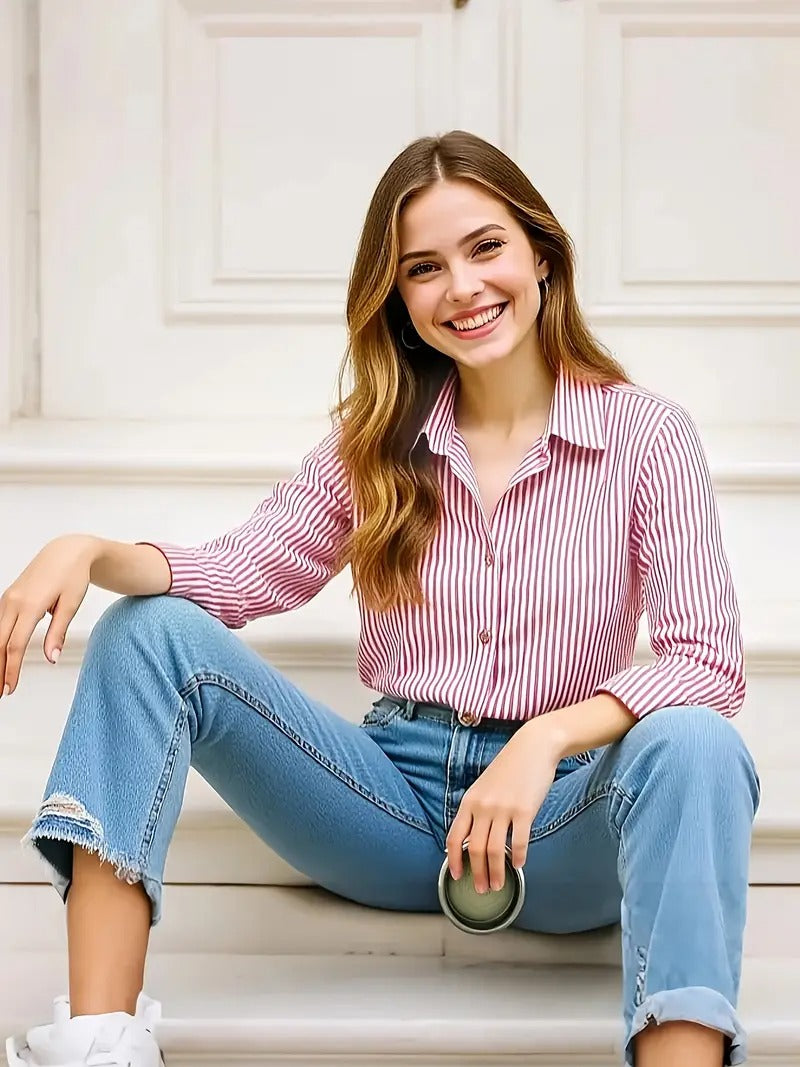 Mode Bluse Streifen Langarm Lässig Chic