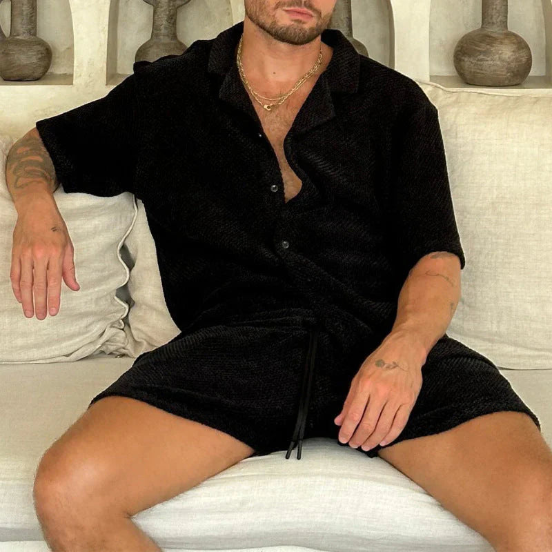 Lässiges Hemd-Shorts-Set Herren Waffelstrick Sommer