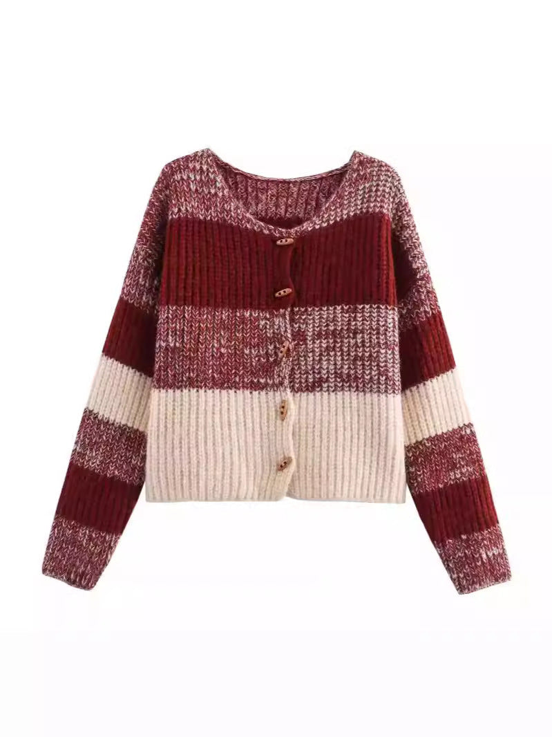 Damen Strickjacke Elastisch Rippmuster Holzknöpfe Elegantes Design