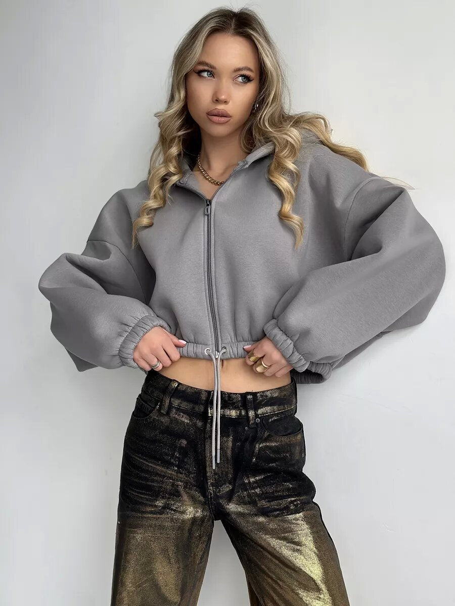 Damen Oversized Pullover mit Kapuze und Reißverschluss