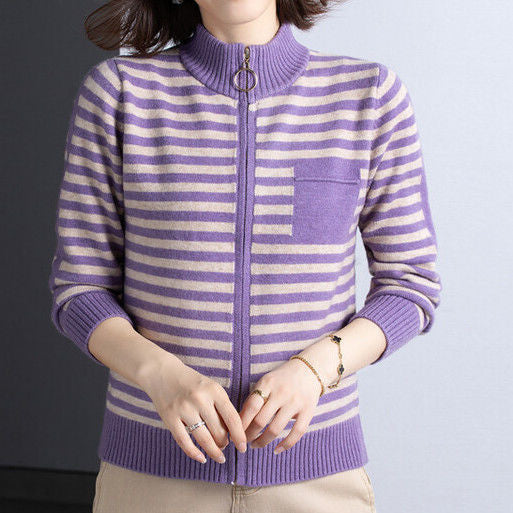 Damen Strickjacke Stehkragen Reißverschluss Elegante Outdoorjacke