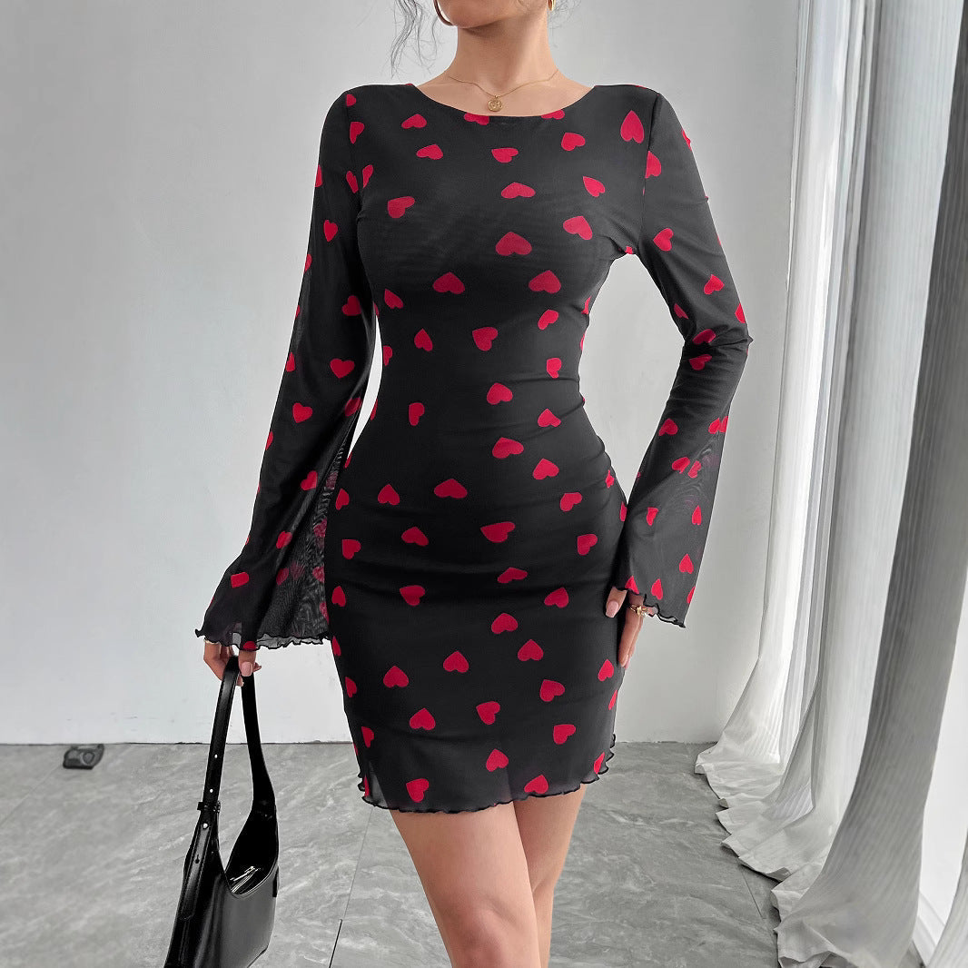 Damen Minikleid Romantisch Herz Muster Langärmlig - IdealeKleiden