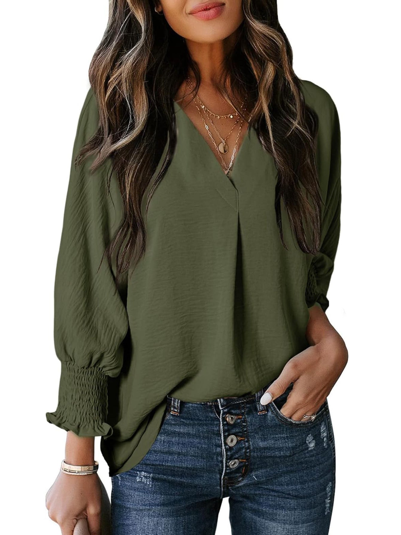 Damen Bluse V-Ausschnitt Rüschendetails Elegant