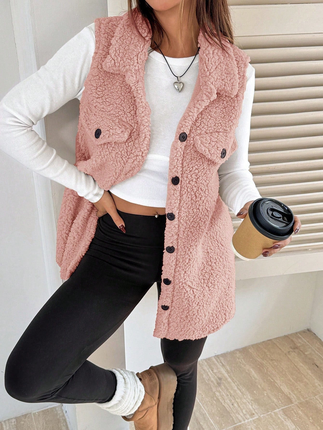 Damen Teddyweste Weich Plüsch mit Taschen