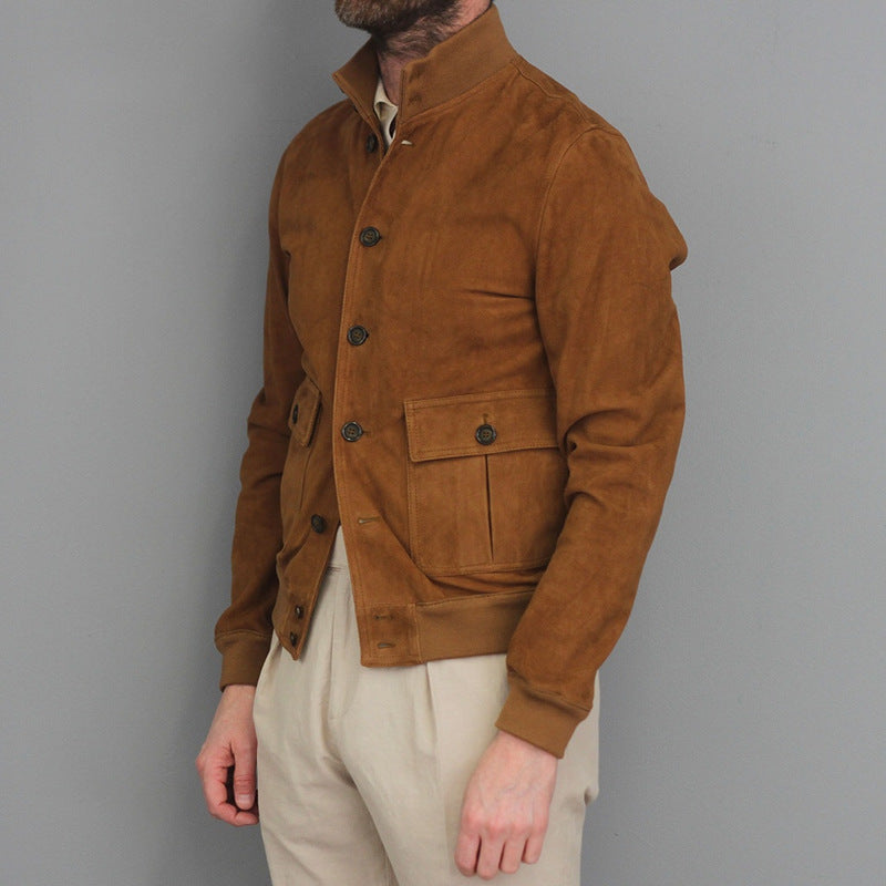 Herren Lederjacke Bikerstil mit Taschen und Stehkragen - IdealeKleiden